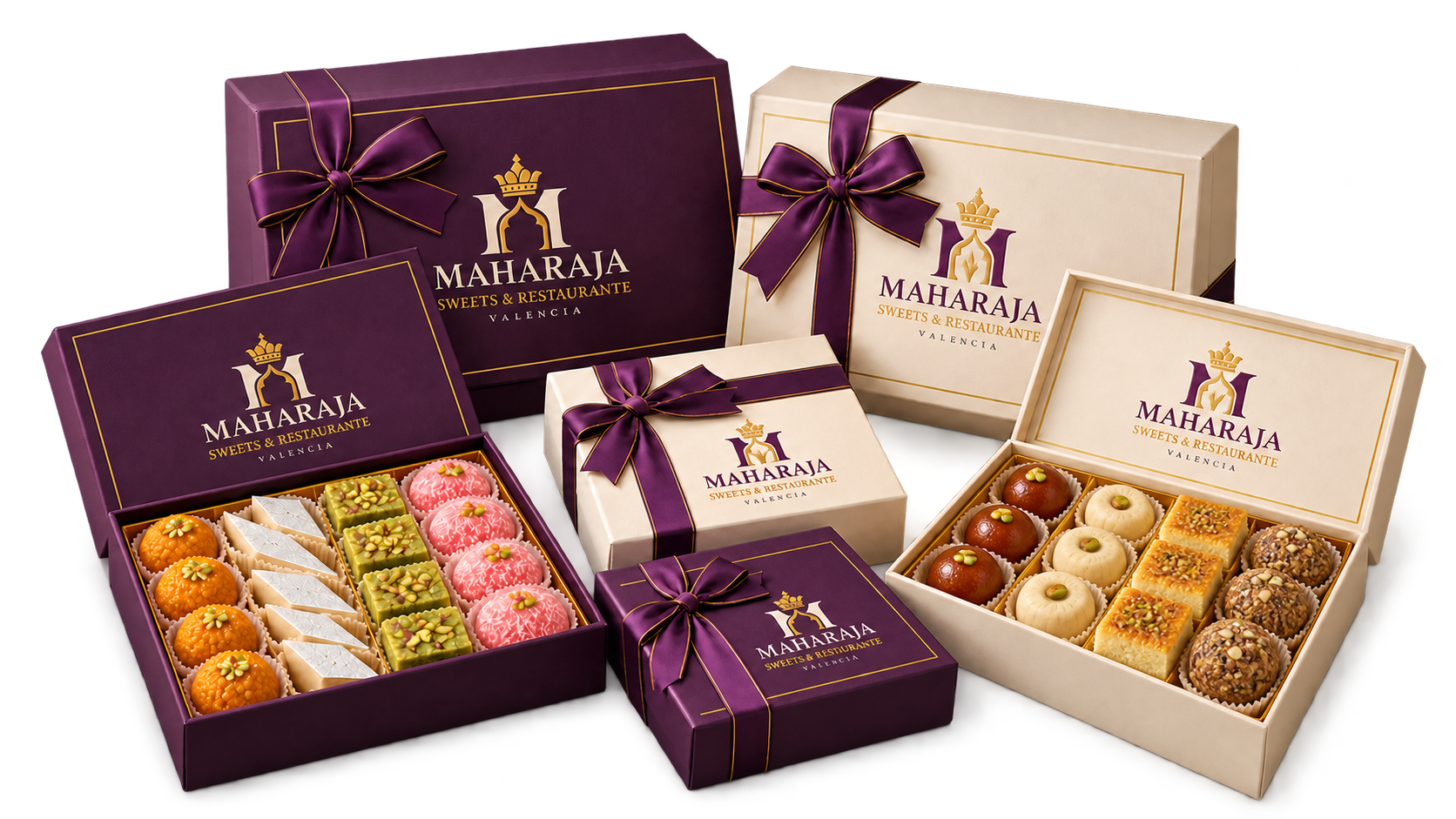 Cajas de regalo Maharaja en tonos morado y crema con dulces indios variados