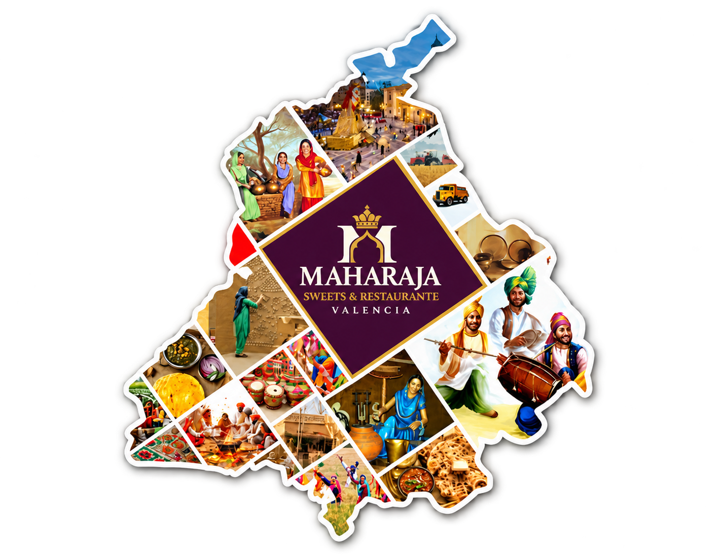 Collage del patrimonio de Punjab con gastronom&iacute;a, m&uacute;sica y cultura tradicionales y el logotipo de Maharaja Valencia